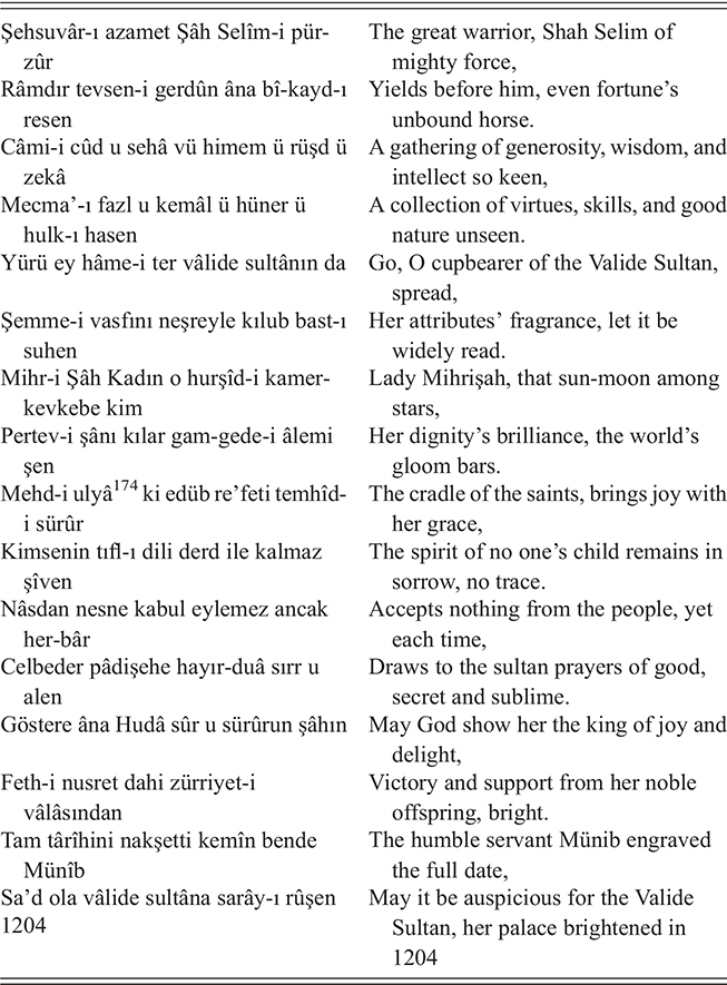 A second continuation of the transcription and an English translation of poet Seyyid Mehmed Münib Efendi’s eulogy. See long description.