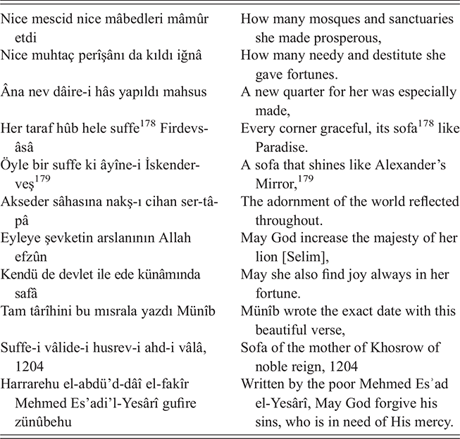 A second continuation of the transcription and an English translation of the poem on the inscription band in Mihrişah Valide Sultan’s sofa. See long description.
