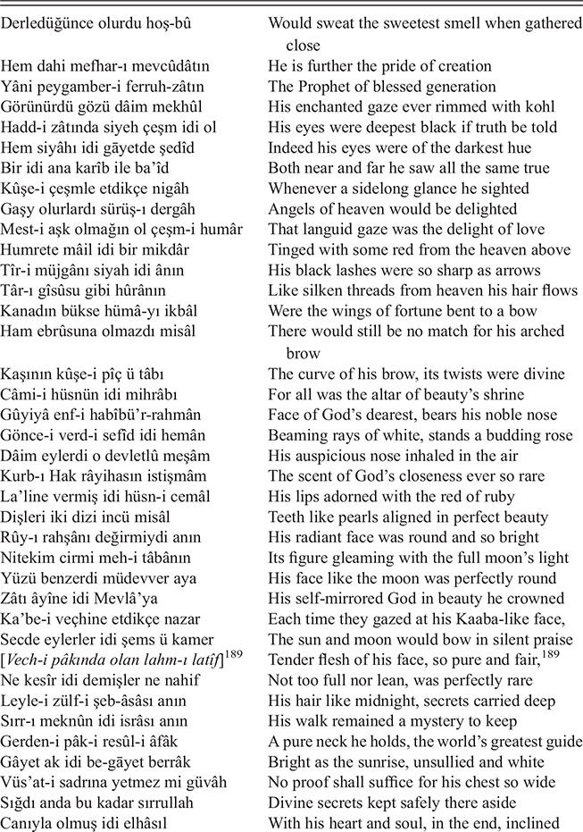 A continuation of the transcription and English translation of Hakanî’s hilye. See long description.