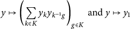 y right arrow from bar left parenthesis sigma summation Underscript k element of upper K Endscripts y Subscript k Baseline y Subscript k Sub Superscript negative 1 Subscript g Baseline right parenthesis Subscript g element of upper K Baseline and y right arrow from bar y 1