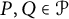 upper P comma upper Q element of script upper P