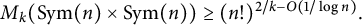 upper M Subscript k Baseline left parenthesis upper S y m left parenthesis n right parenthesis times upper S y m left parenthesis n right parenthesis right parenthesis greater than or equals left parenthesis n factorial right parenthesis Superscript 2 divided by k minus upper O left parenthesis 1 divided by log n right parenthesis Baseline period