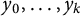 y 0 comma ellipsis comma y Subscript k Baseline