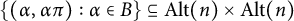 StartSet left parenthesis alpha comma alpha pi right parenthesis colon alpha element of upper B EndSet subset of or equal to upper A l t left parenthesis n right parenthesis times upper A l t left parenthesis n right parenthesis