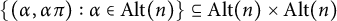 StartSet left parenthesis alpha comma alpha pi right parenthesis colon alpha element of upper A l t left parenthesis n right parenthesis EndSet subset of or equal to upper A l t left parenthesis n right parenthesis times upper A l t left parenthesis n right parenthesis