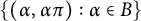 StartSet left parenthesis alpha comma alpha pi right parenthesis colon alpha element of upper B EndSet