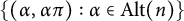 StartSet left parenthesis alpha comma alpha pi right parenthesis colon alpha element of upper A l t left parenthesis n right parenthesis EndSet