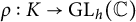 rho colon upper K right arrow upper G upper L Subscript h Baseline left parenthesis double struck upper C right parenthesis