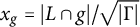 x Subscript g Baseline equals StartAbsoluteValue upper L intersection g EndAbsoluteValue divided by StartRoot StartAbsoluteValue normal upper Gamma EndAbsoluteValue EndRoot