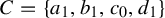 upper C equals StartSet a 1 comma b 1 comma c 0 comma d 1 EndSet