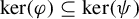kernel left parenthesis phi right parenthesis subset of or equal to kernel left parenthesis psi right parenthesis