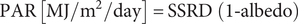 upper P upper A upper R left bracket upper M upper J divided by normal m squared divided by day right bracket equals upper S upper S upper R upper D left parenthesis 1 minus albedo right parenthesis