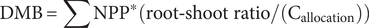upper D upper M upper B equals sigma summation upper N upper P upper P Superscript asterisk Baseline left parenthesis root minus shoot ratio divided by left parenthesis normal upper C Subscript allocation Baseline right parenthesis right parenthesis