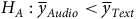 Audio mean is less than Text mean.