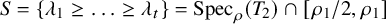 upper S equals left brace lamda 1 greater than or equals ellipsis greater than or equals lamda Subscript t Baseline right brace equals upper S p e c Subscript rho Baseline left parenthesis upper T 2 right parenthesis intersection left bracket rho 1 divided by 2 comma rho 1 right bracket