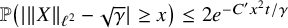 double struck upper P left parenthesis StartAbsoluteValue StartMetric upper X EndMetric Subscript script l squared Baseline minus StartRoot gamma EndRoot EndAbsoluteValue greater than or equals x right parenthesis less than or equals 2 e Superscript minus upper C prime x squared t divided by gamma