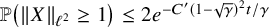 double struck upper P left parenthesis StartMetric upper X EndMetric Subscript script l squared Baseline greater than or equals 1 right parenthesis less than or equals 2 e Superscript minus upper C prime left parenthesis 1 minus StartRoot gamma EndRoot right parenthesis squared t divided by gamma
