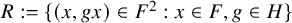 upper R colon equals left brace left parenthesis x comma g x right parenthesis element of upper F squared colon x element of upper F comma g element of upper H right brace