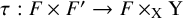 tau colon upper F times upper F Superscript prime Baseline right arrow upper F times Subscript normal upper X Baseline normal upper Y