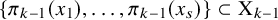 StartSet pi Subscript k minus 1 Baseline left parenthesis x 1 right parenthesis comma ellipsis comma pi Subscript k minus 1 Baseline left parenthesis x Subscript s Baseline right parenthesis EndSet subset of normal upper X Subscript k minus 1