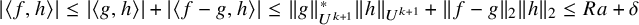 StartAbsoluteValue left angle bracket f comma h right angle bracket EndAbsoluteValue less than or equals StartAbsoluteValue left angle bracket g comma h right angle bracket EndAbsoluteValue plus StartAbsoluteValue left angle bracket f minus g comma h right angle bracket EndAbsoluteValue less than or equals StartMetric g EndMetric Subscript upper U Sub Superscript k plus 1 Superscript asterisk Baseline StartMetric h EndMetric Subscript upper U Sub Superscript k plus 1 Baseline plus StartMetric f minus g EndMetric Subscript 2 Baseline StartMetric h EndMetric Subscript 2 Baseline less than or equals upper R a plus delta