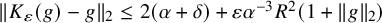 StartMetric upper K Subscript epsilon Baseline left parenthesis g right parenthesis minus g EndMetric Subscript 2 Baseline less than or equals 2 left parenthesis alpha plus delta right parenthesis plus epsilon alpha Superscript negative 3 Baseline upper R squared left parenthesis 1 plus StartMetric g EndMetric Subscript 2 Baseline right parenthesis