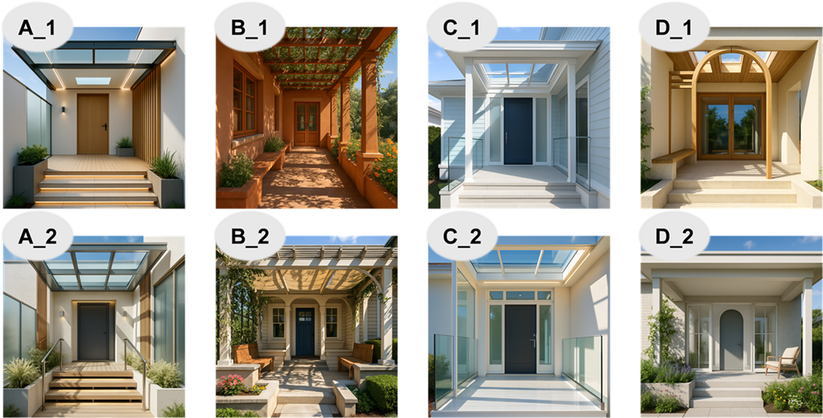 A multi-panel photo grid shows eight distinct residential entryway designs, each labeled from A_1 to D_2, with variations in materials, roof structures, and landscaping. See long description.