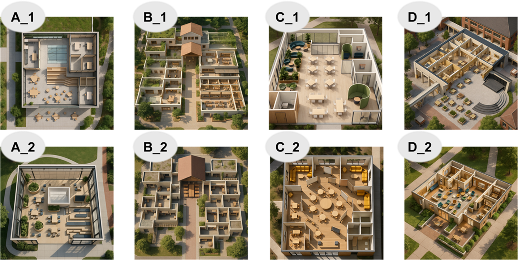 A grid of eight labeled architectural floor plan renderings, each showing different spatial arrangements and furniture layouts for educational or communal buildings. See long description.