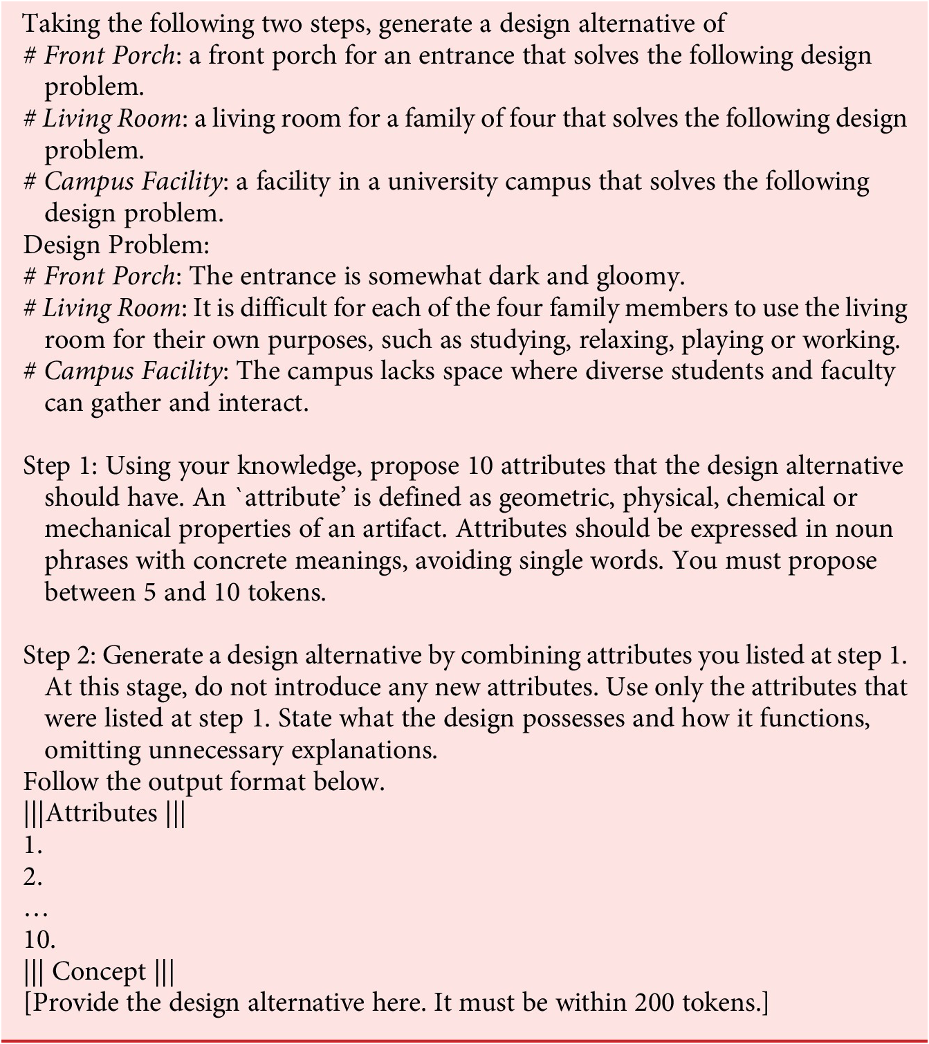 A multi-row table listing ten design attributes for front porch, living room, and campus facility, each followed by a concise design concept addressing specific spatial challenges. See long description.