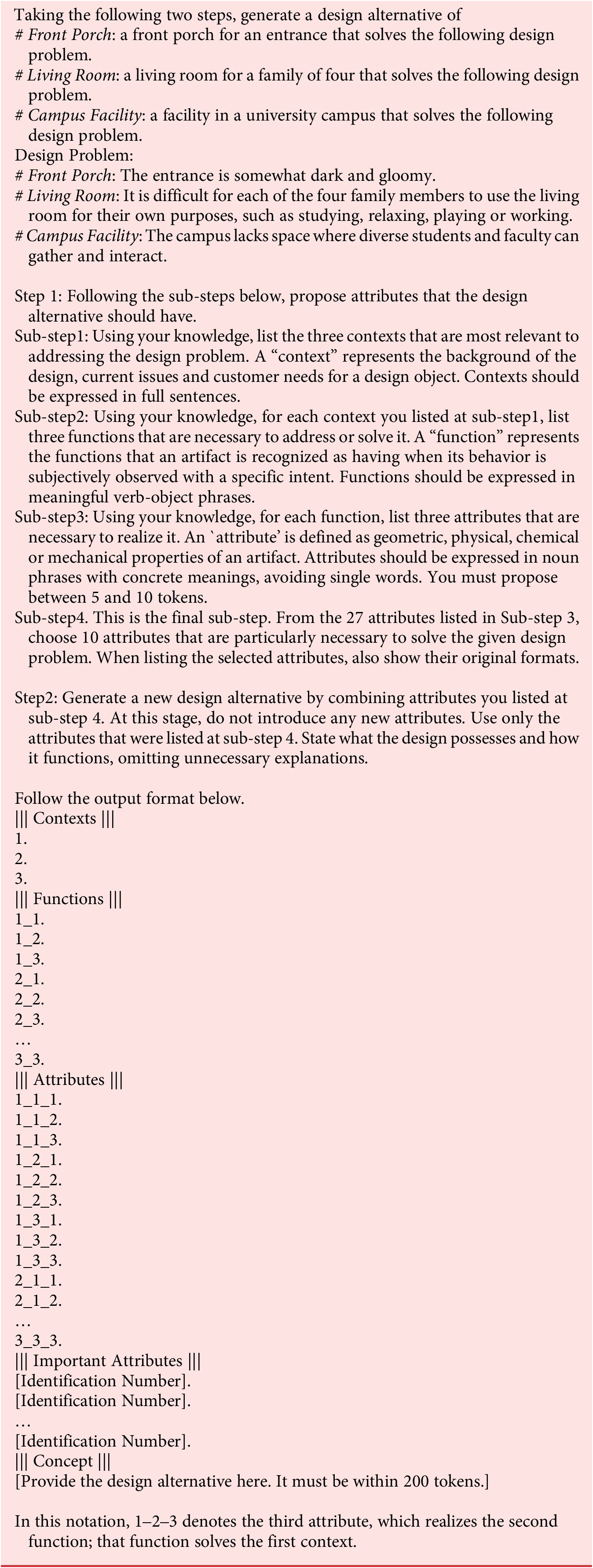 A structured table listing contexts, functions, attributes, important attributes, and a design concept for three architectural problems, organized in a top-to-bottom sequence. See long description.