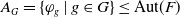 upper A Subscript upper G Baseline equals StartSet phi Subscript g Baseline vertical bar g element of upper G EndSet less than or equals normal upper A normal u normal t left parenthesis upper F right parenthesis