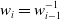 w Subscript i Baseline equals w Subscript i minus 1 Superscript negative 1