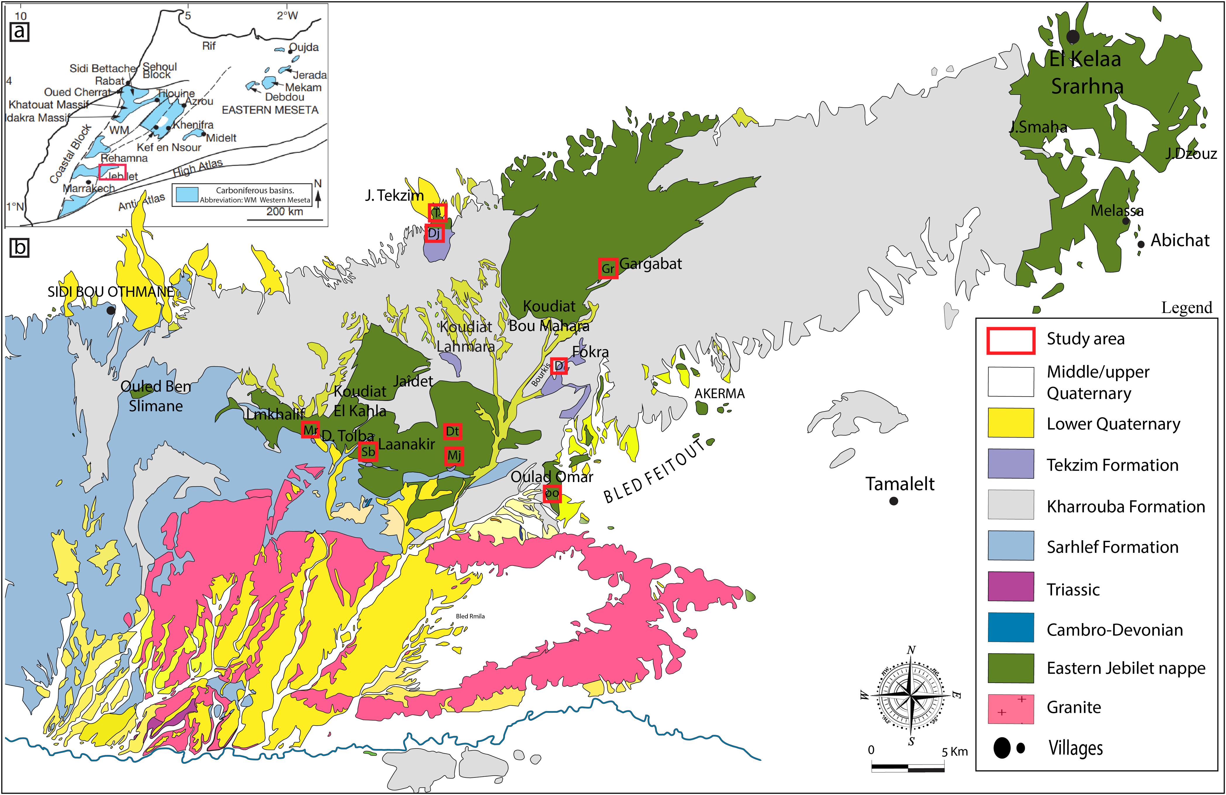 A geological map of the Moroccan Meseta showing the location of the Jebilet and detailed geological features of the eastern Jebilet.