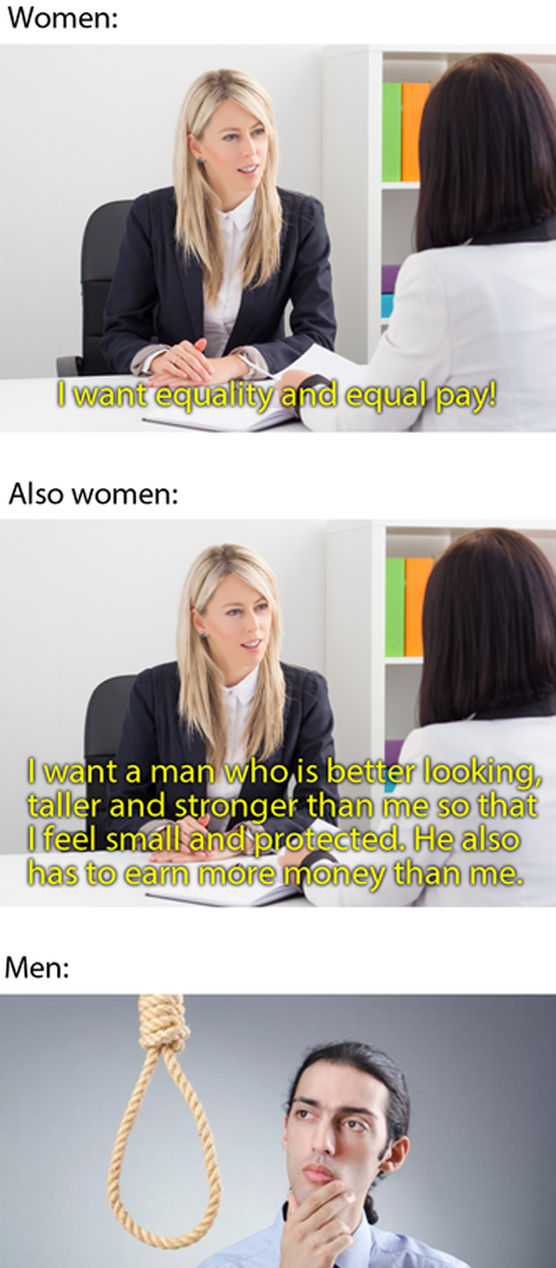 Three panels of stock photographs depicting a meme about incel attitudes towards hypergamy.