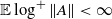 double struck upper E log Superscript plus Baseline StartMetric upper A EndMetric less than normal infinity
