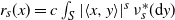 r Subscript s Baseline left parenthesis x right parenthesis equals c integral Underscript upper S Endscripts StartAbsoluteValue left angle bracket x comma y right angle bracket EndAbsoluteValue Superscript s Baseline nu Subscript s Superscript asterisk Baseline left parenthesis normal d y right parenthesis