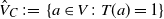ModifyingAbove upper V With caret Subscript upper C Baseline colon equals StartSet a element of upper V colon upper T left parenthesis a right parenthesis equals 1 EndSet