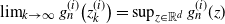 limit Underscript k right arrow normal infinity Endscripts g Subscript n Superscript left parenthesis i right parenthesis Baseline left parenthesis z Subscript k Superscript left parenthesis i right parenthesis Baseline right parenthesis equals sup Underscript z element of double struck upper R Superscript d Baseline Endscripts g Subscript n Superscript left parenthesis i right parenthesis Baseline left parenthesis z right parenthesis
