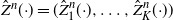 ModifyingAbove upper Z With caret Superscript n Baseline left parenthesis dot right parenthesis equals left parenthesis ModifyingAbove upper Z With caret Subscript 1 Superscript n Baseline left parenthesis dot right parenthesis comma ellipsis comma ModifyingAbove upper Z With caret Subscript upper K Superscript n Baseline left parenthesis dot right parenthesis right parenthesis