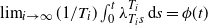 limit Underscript i right arrow normal infinity Endscripts left parenthesis 1 divided by upper T Subscript i Baseline right parenthesis integral Subscript 0 Superscript t Baseline lamda Subscript upper T Sub Subscript i Subscript s Superscript upper T Super Subscript i Superscript Baseline d s equals phi left parenthesis t right parenthesis