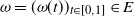 omega equals left parenthesis omega left parenthesis t right parenthesis right parenthesis Subscript t element of left bracket 0 comma 1 right bracket Baseline element of upper E