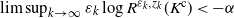 limit sup Underscript k right arrow normal infinity Endscripts epsilon Subscript k Baseline log upper R Superscript epsilon Super Subscript k Superscript comma z Super Subscript k Superscript Baseline left parenthesis upper K Superscript normal c Baseline right parenthesis less than negative alpha