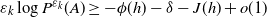 epsilon Subscript k Baseline log upper P Superscript epsilon Super Subscript k Baseline left parenthesis upper A right parenthesis greater than or equals minus phi left parenthesis h right parenthesis minus delta minus upper J left parenthesis h right parenthesis plus o left parenthesis 1 right parenthesis