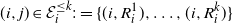 left parenthesis i comma j right parenthesis element of script upper E Subscript i Superscript less than or equals k colon equals StartSet left parenthesis i comma upper R Subscript i Superscript 1 Baseline right parenthesis comma ellipsis comma left parenthesis i comma upper R Subscript i Superscript k Baseline right parenthesis EndSet