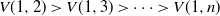 upper V left parenthesis 1 comma 2 right parenthesis greater than upper V left parenthesis 1 comma 3 right parenthesis greater than midline horizontal ellipsis greater than upper V left parenthesis 1 comma n right parenthesis