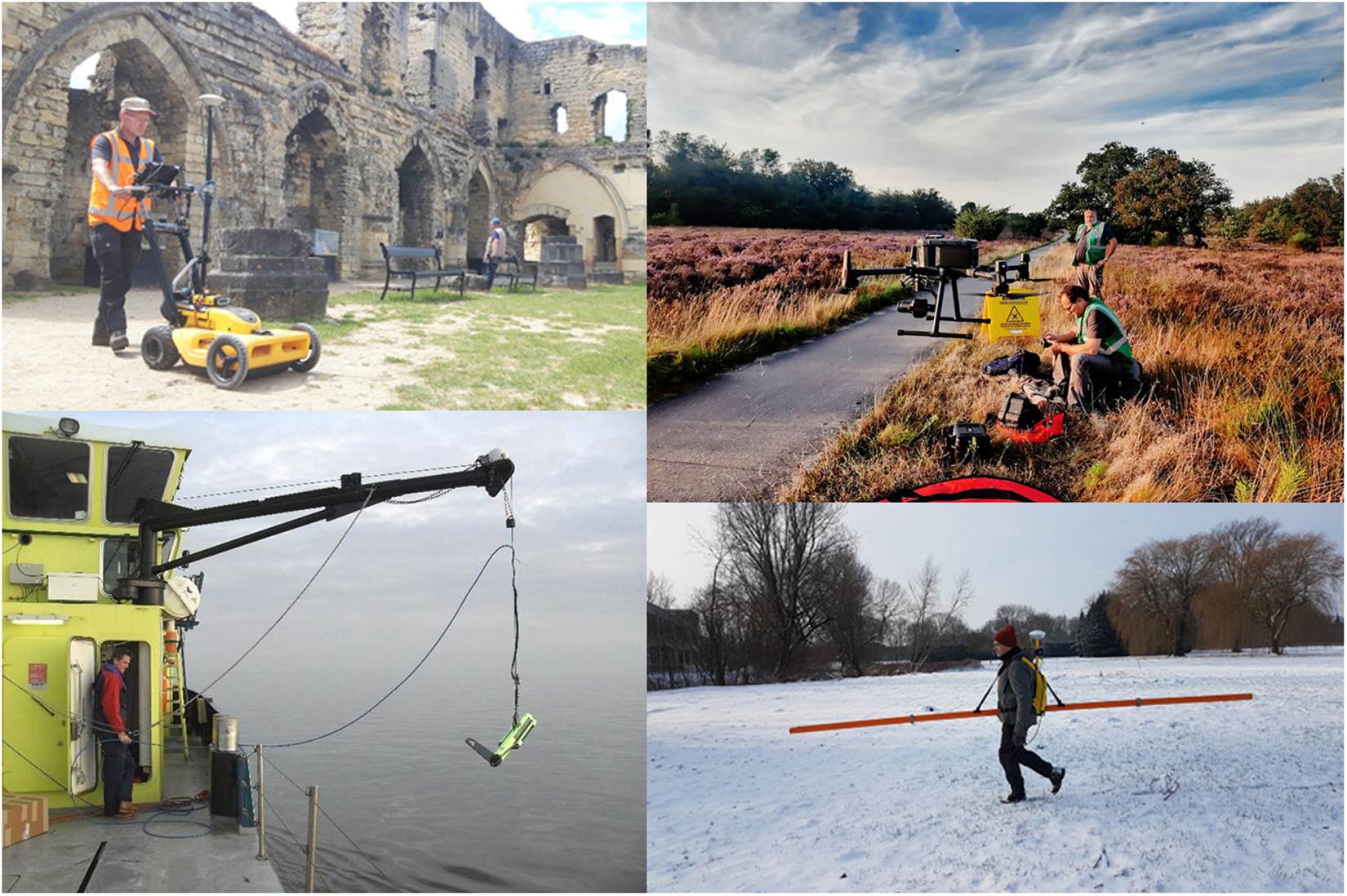 Four images showing geophysical prospection methods: ground-penetrating radar, electromagnetic induction, terrestrial magnetometry and drone lidar.