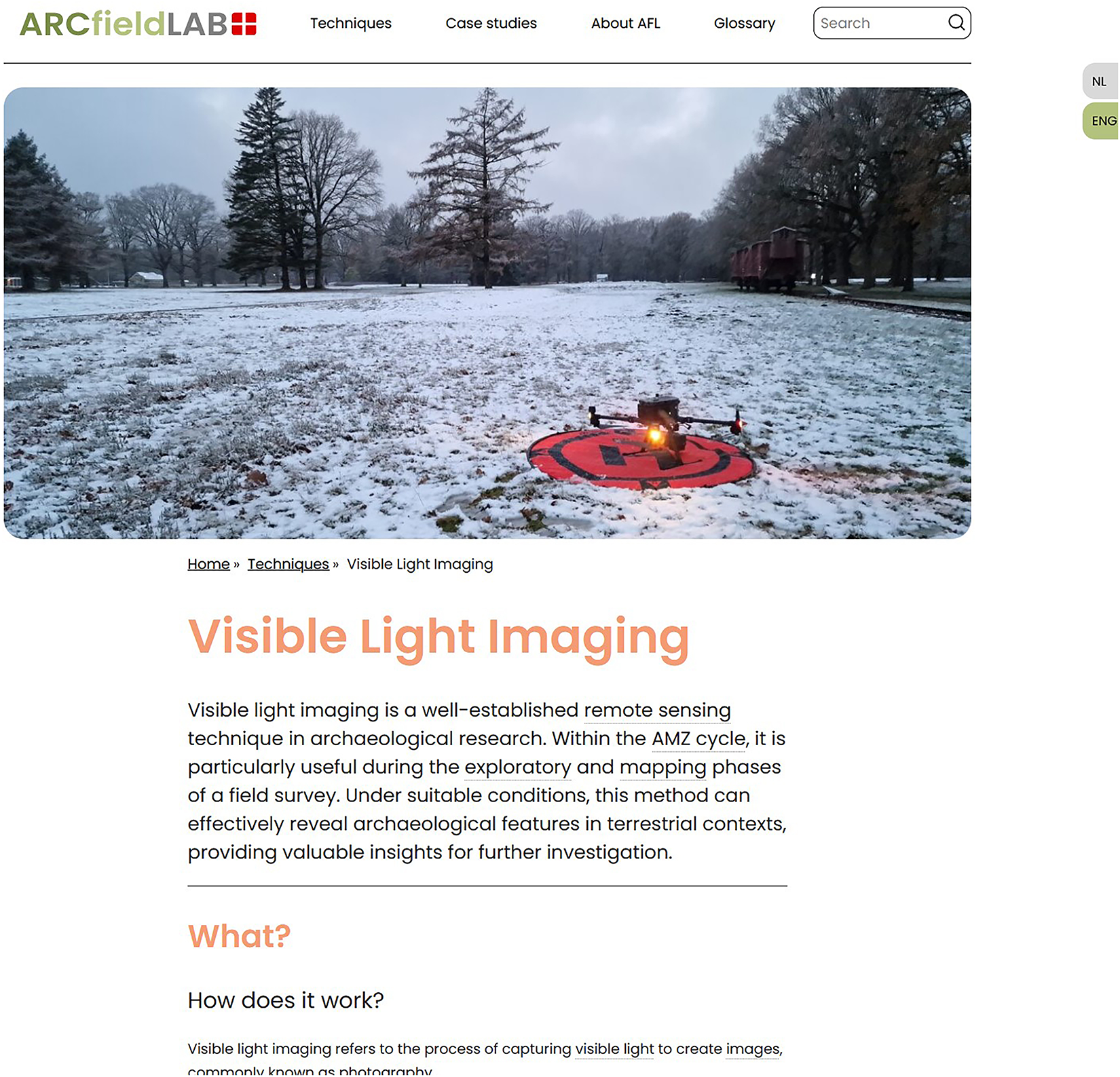 Webpage on ARCfieldLAB about visible light imaging in archaeology with a drone on snowy ground.