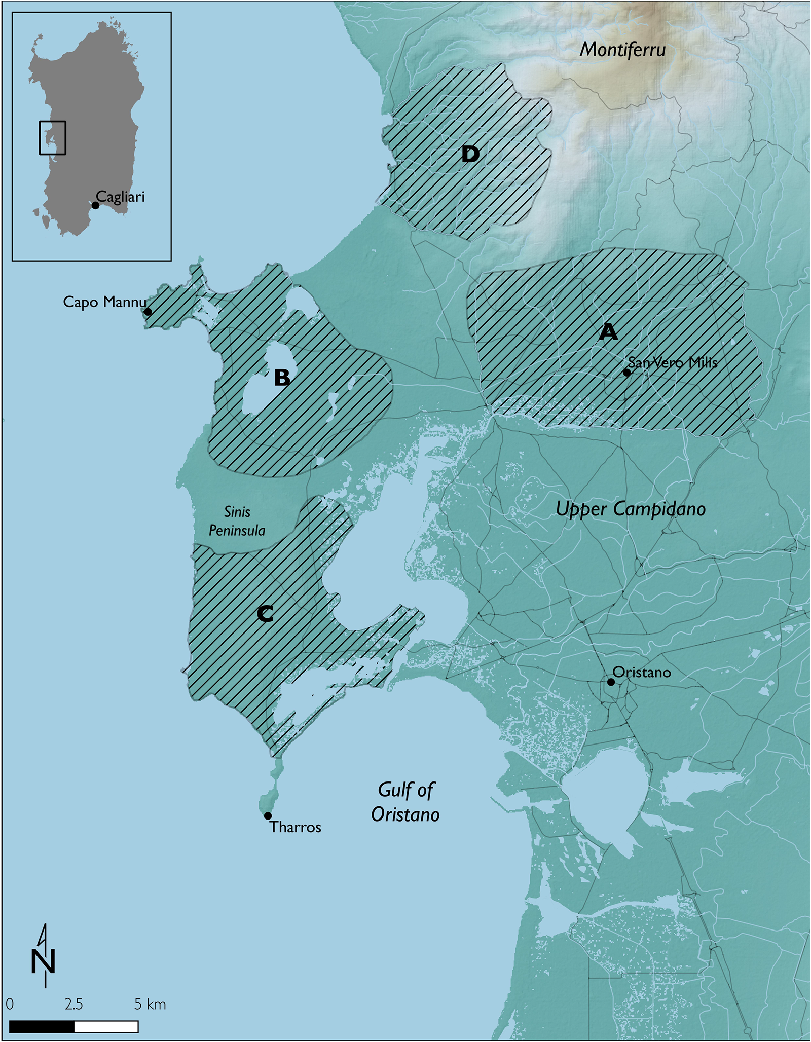 Map of the Sinis Peninsula region in western Sardinia, Italy, with four hatched zones labelled A–D marking distribution areas around San Vero Milis, Capo Mannu and Oristano.
