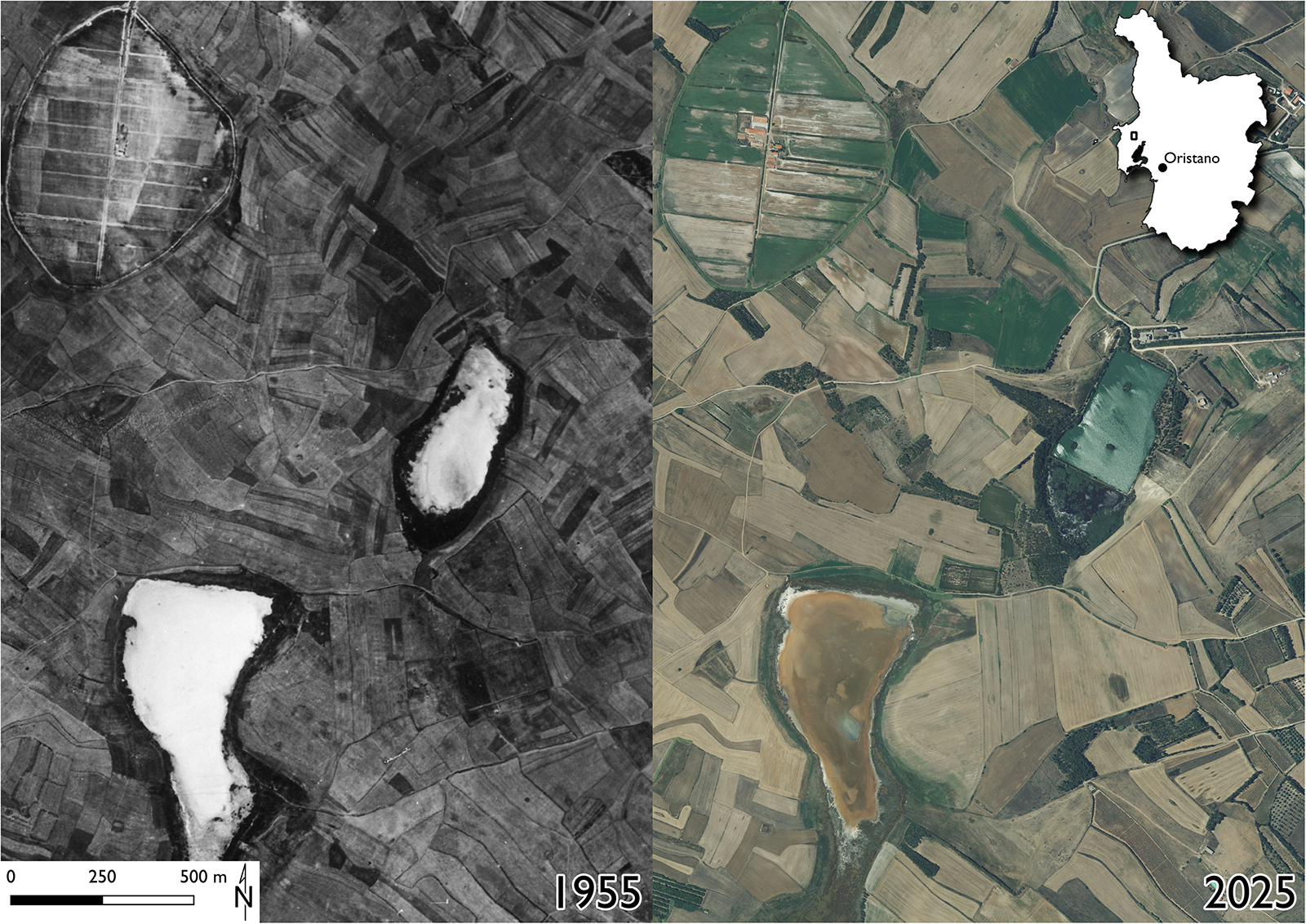 Comparison of aerial imagery from 1955 and satellite imagery from 2025 of Zone B in Oristano, Sardinia.