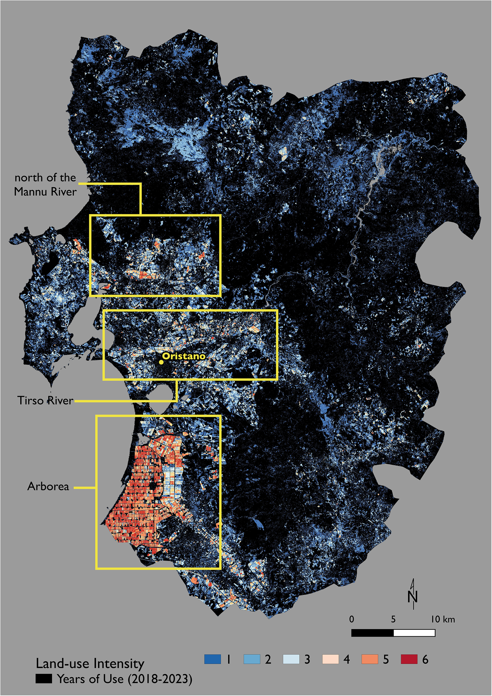 A land-use intensity map of Oristano, Italy, showing years of use from 2018 to 2023 with notable high-intensity areas marked. See long description.